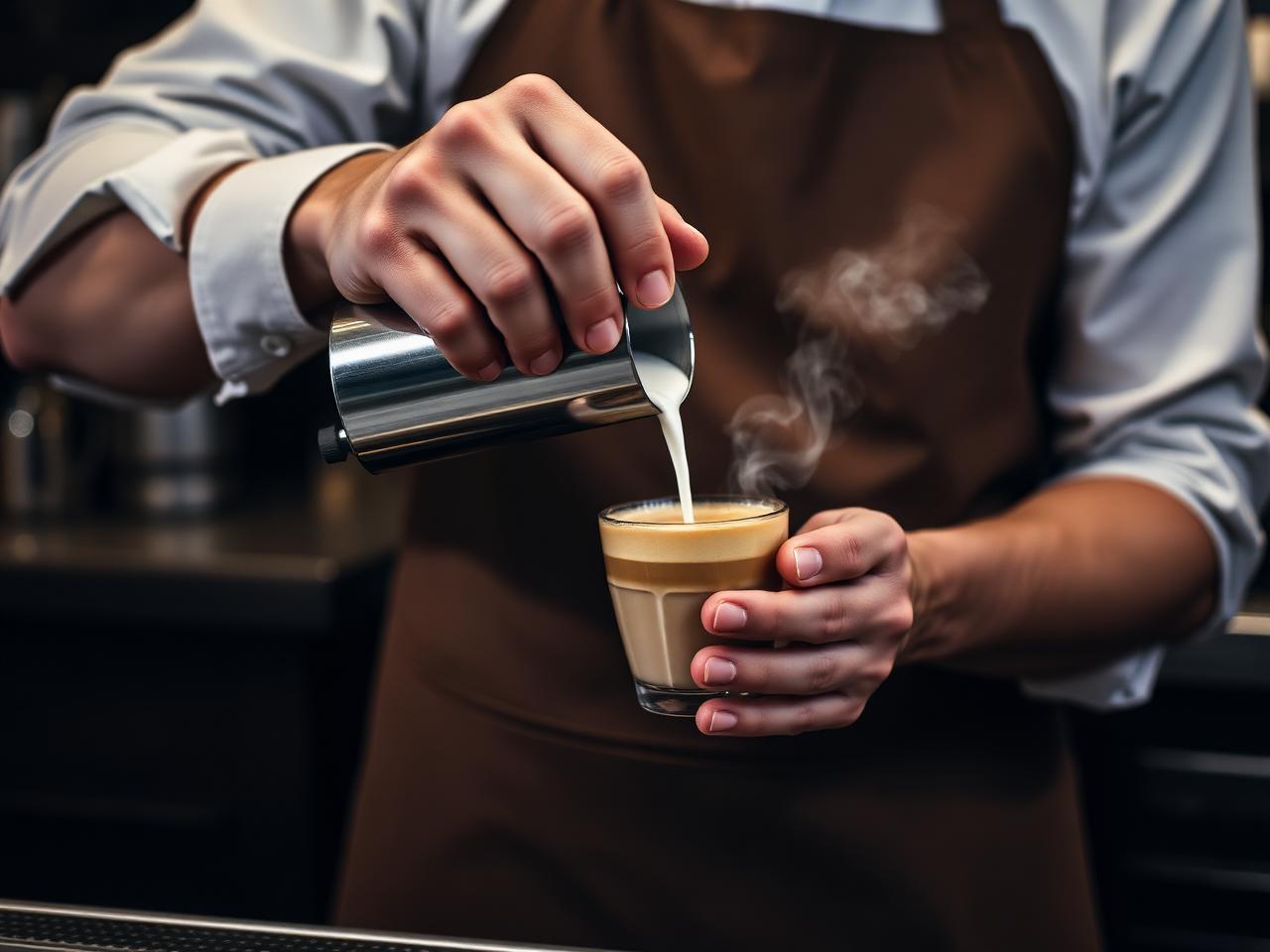 Barista pouring milk into a glass of espresso