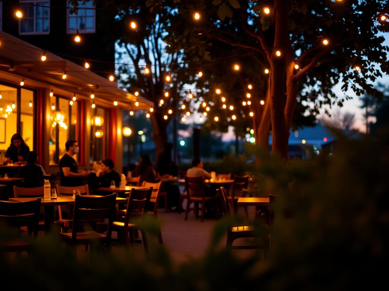 Outdoor café seating with warm string lights