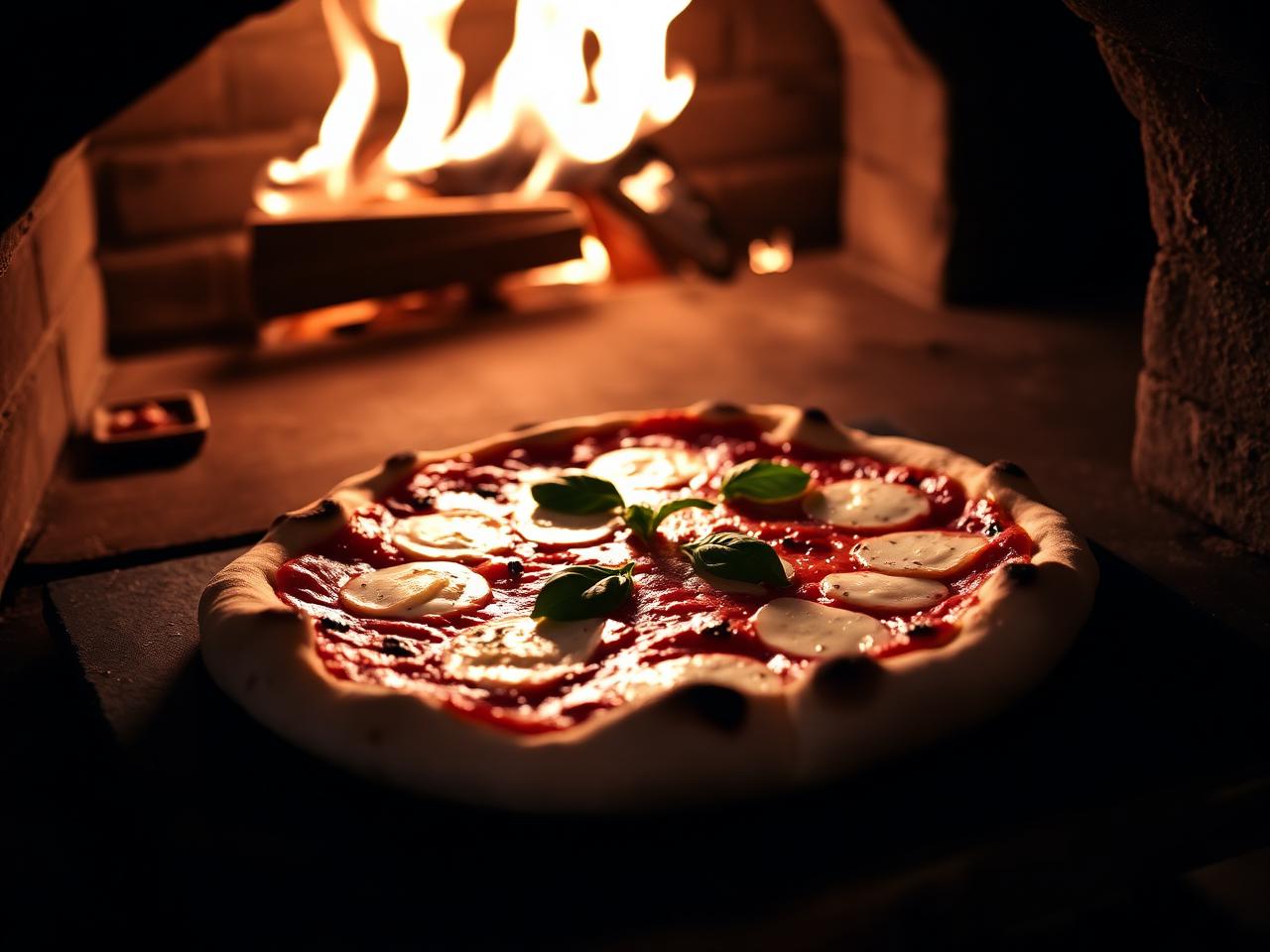 Wood-fired margherita pizza in the brick oven